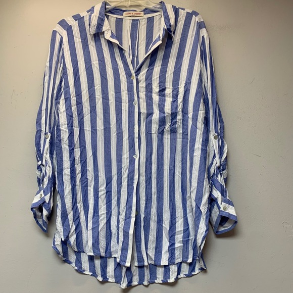 grand & greene Tops - Grand & Greene Button Down Women Large Blue White Excellent Striped Rayon Top